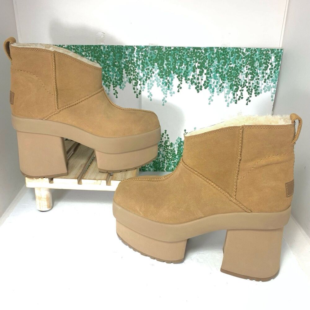 UGG NEW HEIGHTS SUEDE PLATFORM CHESTNUT CHUNKY FUR BOOTS US 9 / EU 40 / UK 7